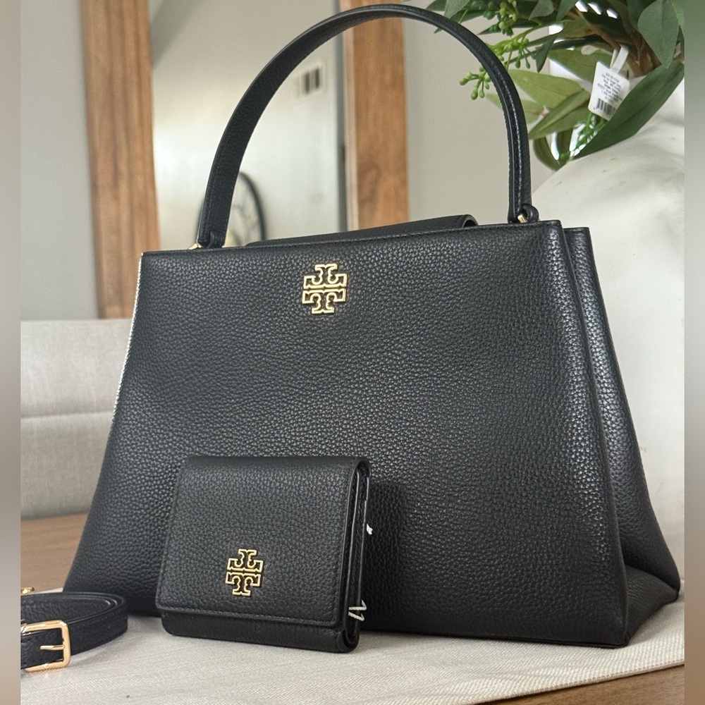 880+! New Tory Burch Britten in black Leather Satchel and Britten bifold wallet